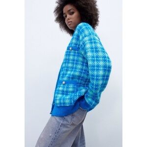 Zara Plaid Knit Jacket Blue Size Medium